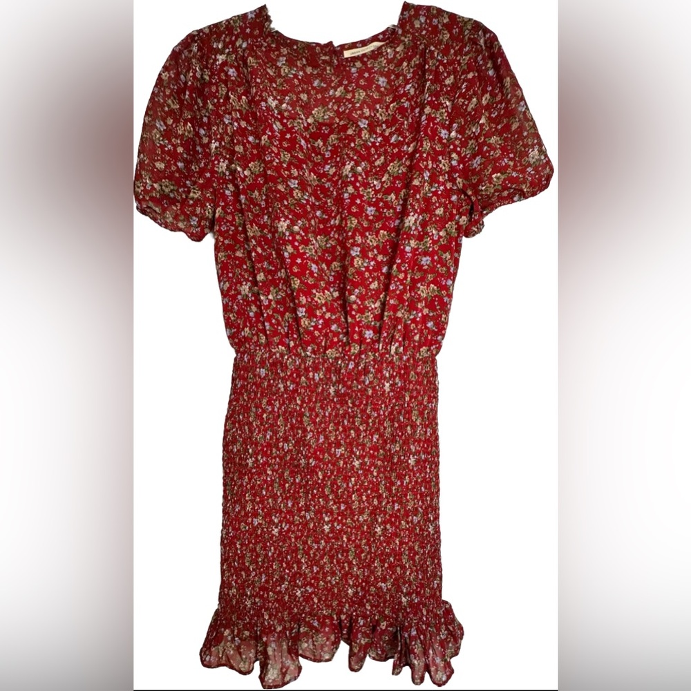 Urban Outfitters Red Floral Dress Cap‎ Sleeve Gathered Ruched Skirt XS-TP